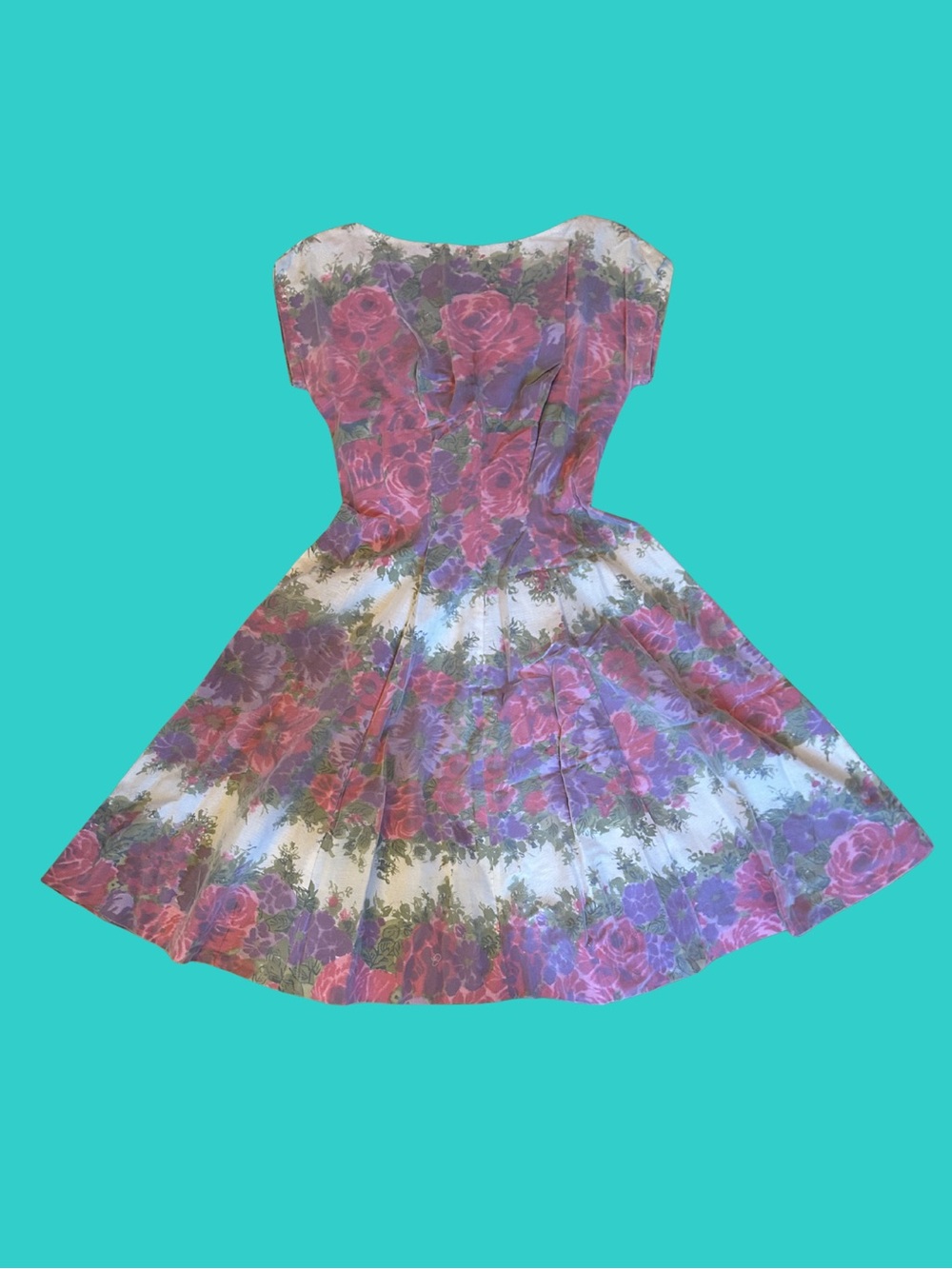 Vintage Floral Fit-and-Flare Dress in Pink and Purple